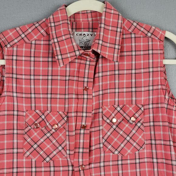 Crazy Cowgirl Size S Sleeveless Plaid Snap Up‎ Red Western 100% Cotton Country - Picture 2 of 7